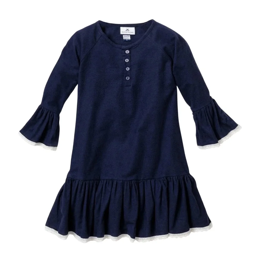 PETITE PLUME Arabella Nightgown Gown NAVY BLUE FLANNEL White Lace Trim GIRLS 14